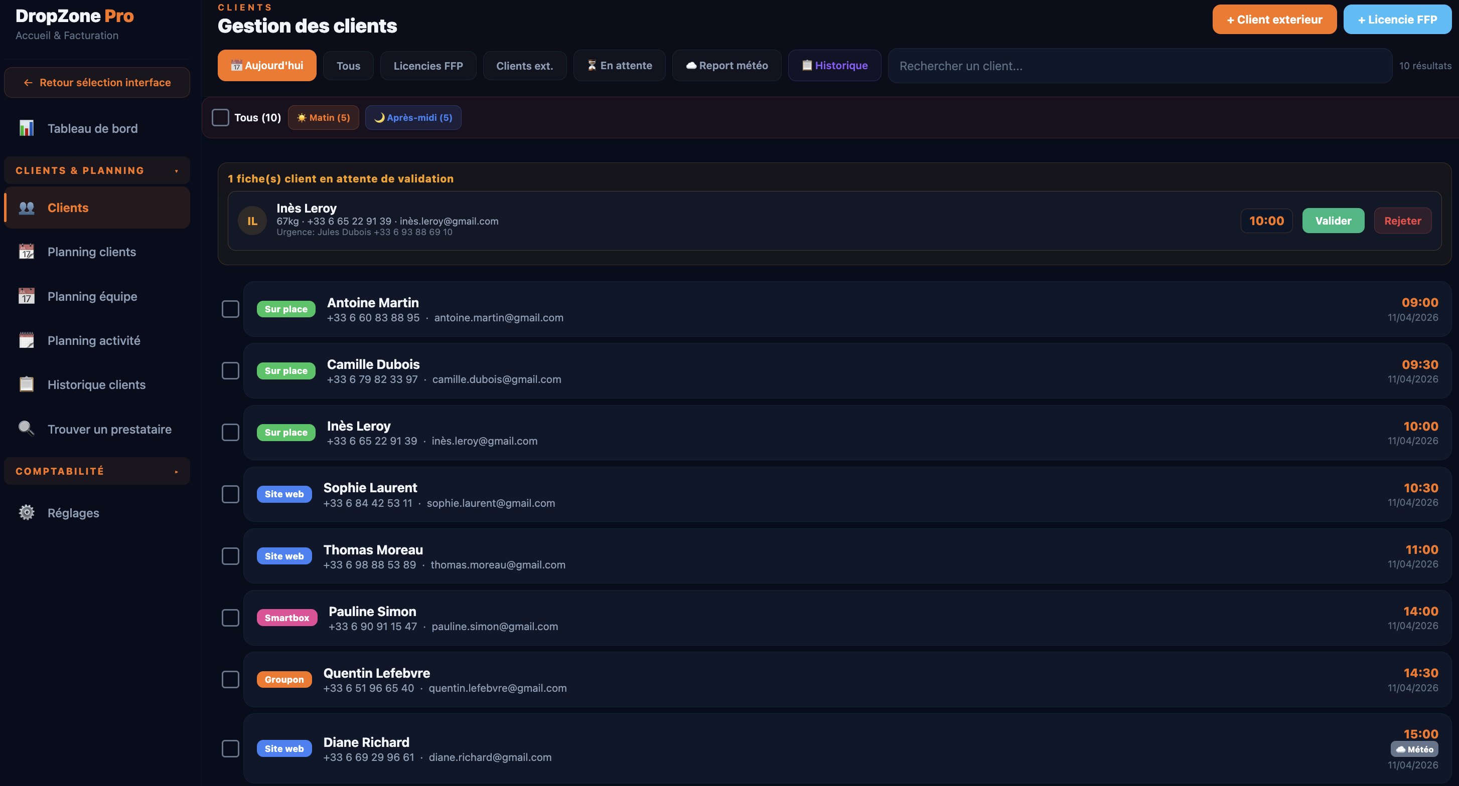 Accueil & gestion clients DropZone Pro