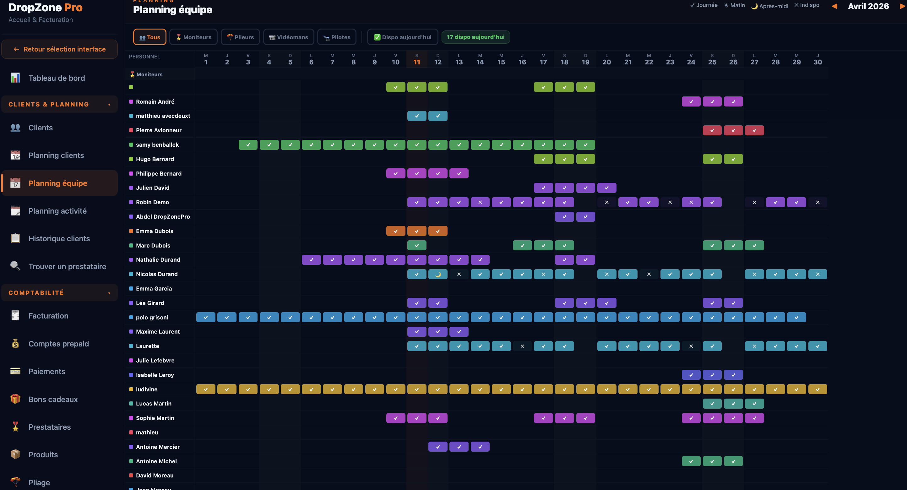 Planning équipe DropZone Pro