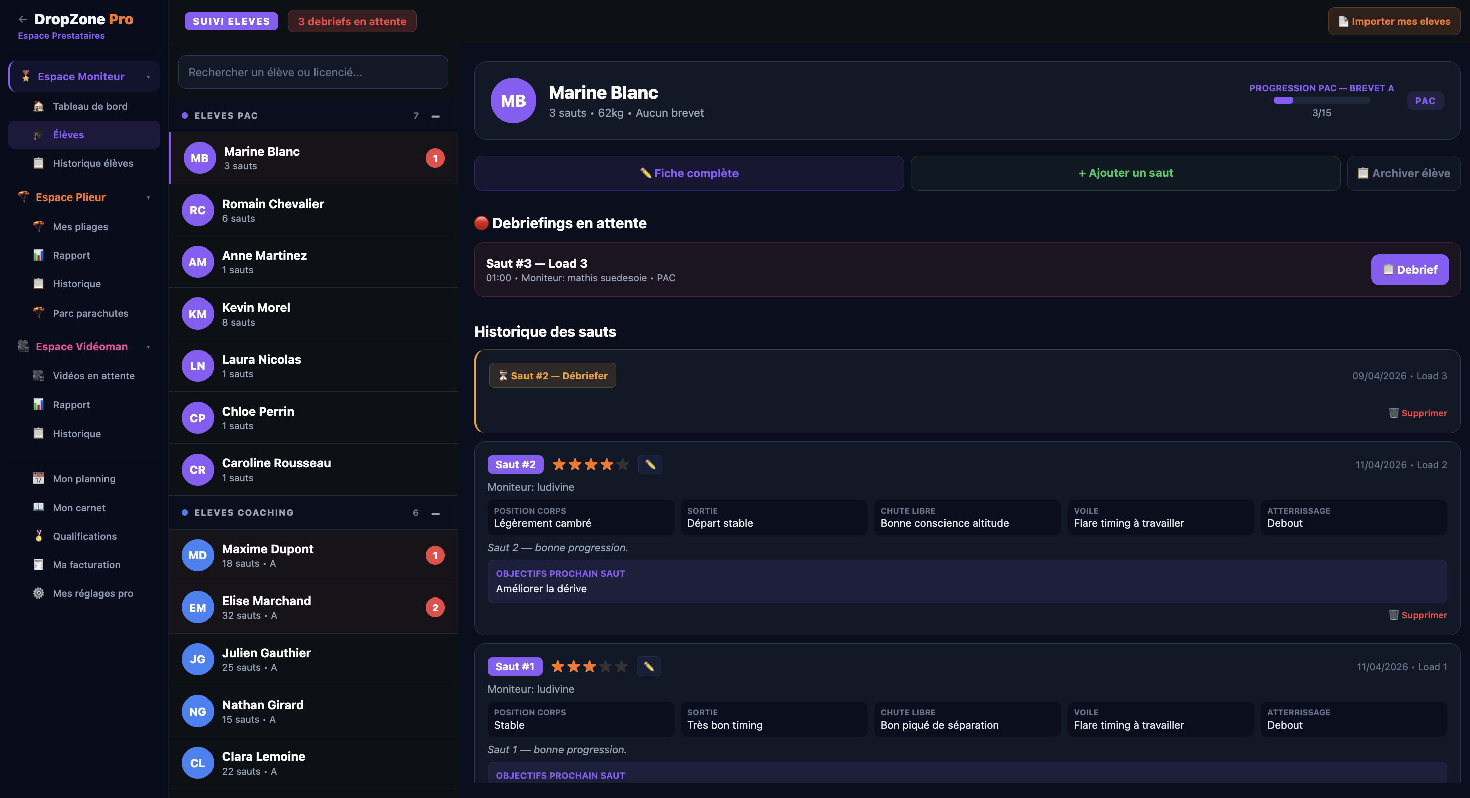 Suivi élèves & coaching DropZone Pro